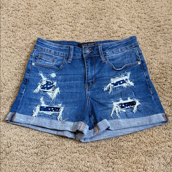 Judy Blue Pants - Judy Blue Medium Blue Distressed Star-Patch Rolled Hem Denim Shorts
